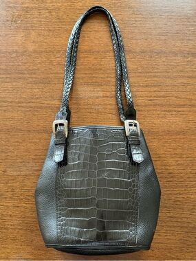 Vintage Brighton Black Croc Embossed Shoulder Bag Buckle Accents Silver Hardware
